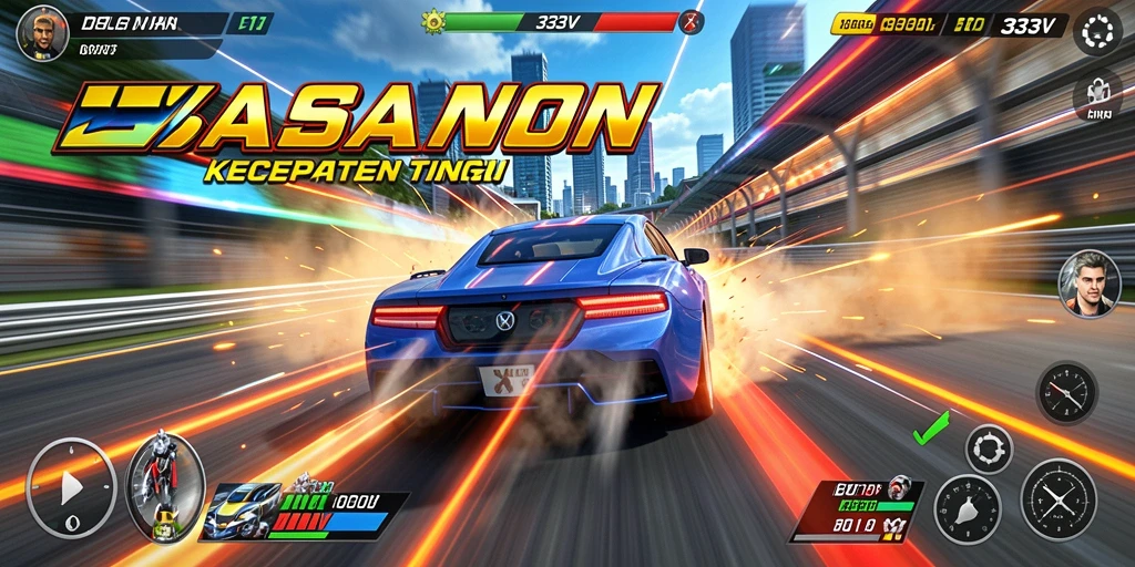 Tampilan gameplay 333V dengan mobil balap di trek yang menantang.