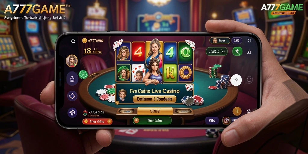 Screenshot A777GAME menampilkan dealer langsung dan gameplay yang interaktif.