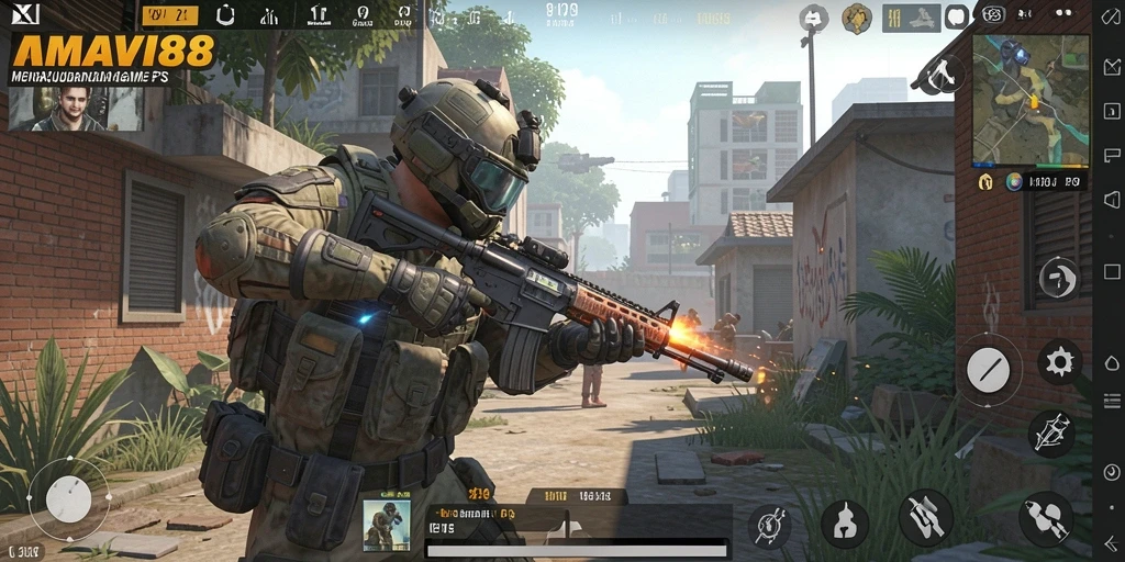 Screenshot utama AMAVI88 menampilkan aksi pertempuran intens dalam gameplay FPS.