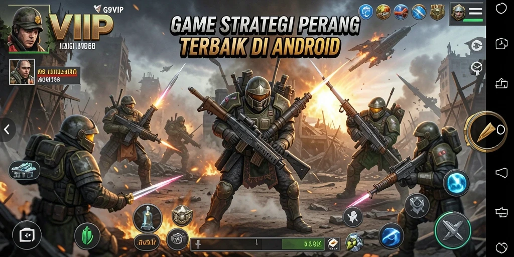Screenshot gameplay G9VIP yang menunjukkan pertempuran pasukan strategis.
