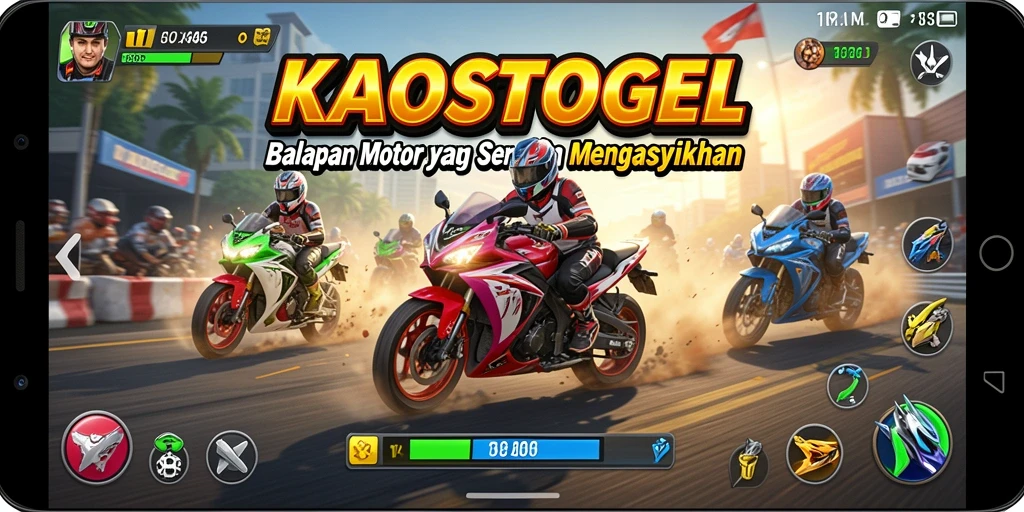 Screenshot gameplay KAOSTOGEL menampilkan aksi balapan yang mendebarkan.