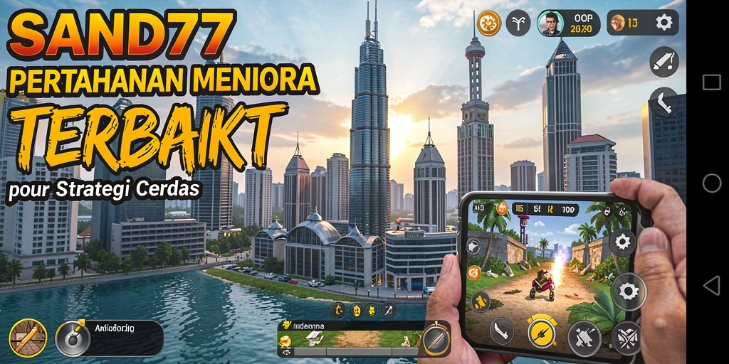 Tangkapan layar dari permainan SAND77 menampilkan menara dan musuh dalam aksi.