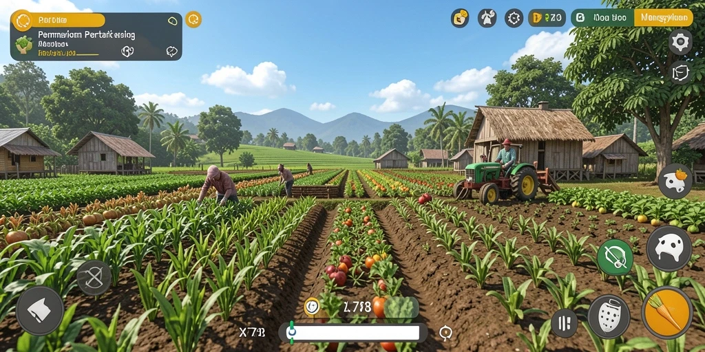 Tangkapan layar gameplay X78 yang memukau dengan suasana pertanian yang kaya.